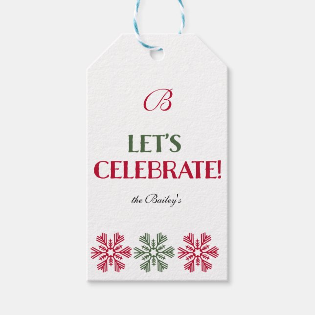 Rote und grüne Schneeflocken Geschenkanhänger (Vorderseite)