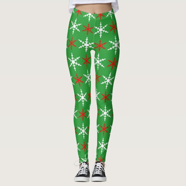 Rote und grüne Schneeflocken Leggings (Vorderseite)