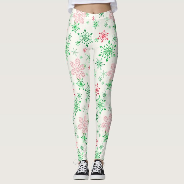 Rote und grüne Schneeflocken Leggings (Vorderseite)