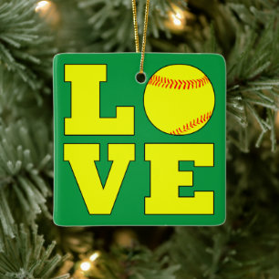 Rote und grüne Softball-Liebe Reversible Weihnacht Keramikornament
