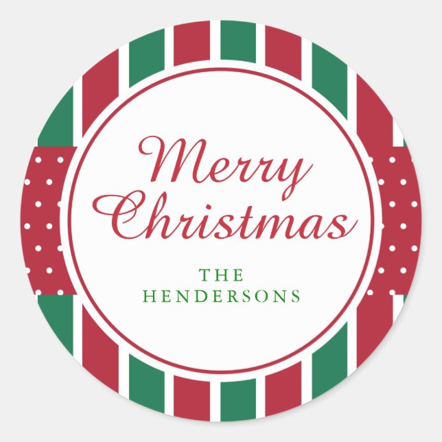 Rote und grüne Streifen und Weihnachtsferien Runder Aufkleber (Vorderseite)