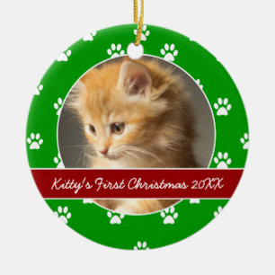 Rote und grüne Tatze druckt das erste Weihnachten Keramik Ornament