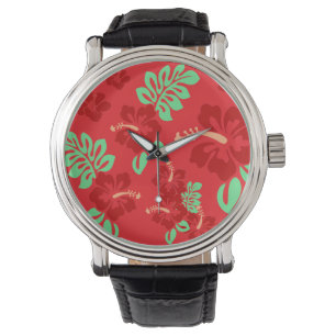 Rote und grüne tropische Hibisken Armbanduhr