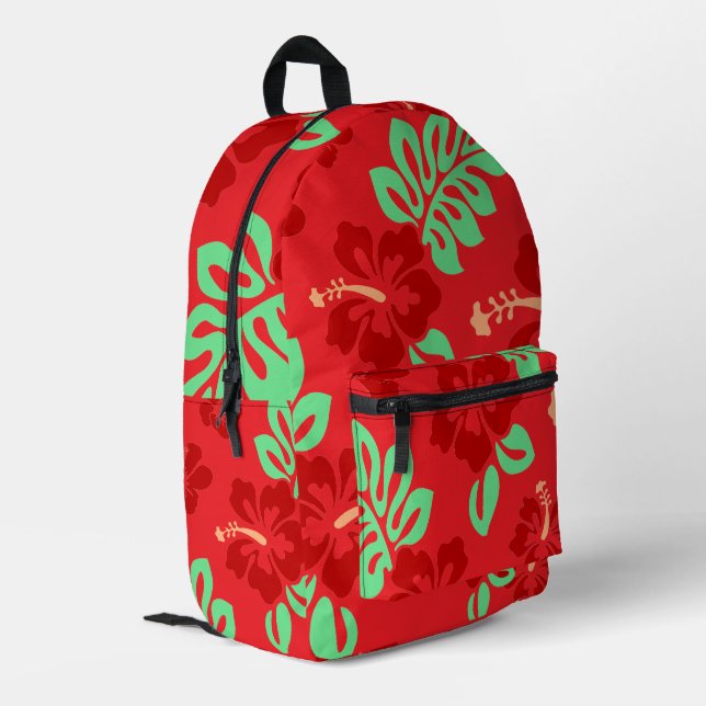 Rote und grüne tropische Hibisken Bedruckter Rucksack (Rückseitige Ecke links)
