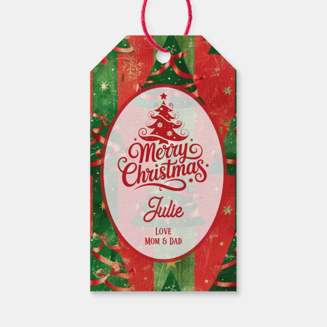 Rote und grüne Weihnachtsbäume Geschenkanhänger (Rückseite)