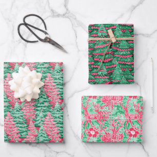 Rote und grüne Weihnachtsbäume und Rentiere Geschenkpapier Set