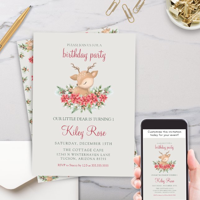 Rote und grüne Weihnachtsfeier Einladung (Festive red and green little dear wonderland Christmas birthday party invitation for boy or girl)