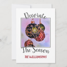 Rote und grüne Weihnachtsschmuck mit Foto Feiertagskarte