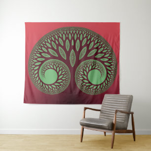 Rote und grüne wunderliche spirituelle Baum-Tapete Wandteppich