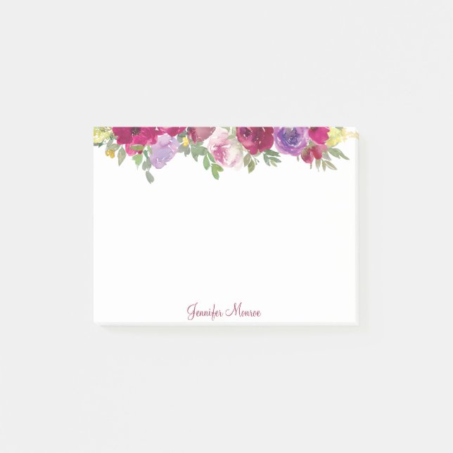 Rote und lila Aquarellfarben-Blume personalisiert Post-it Klebezettel (Vorderseite)