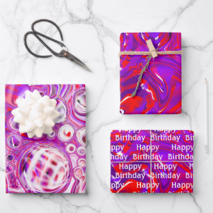 Rote und Lila Fluid Art Geburtstag Geschenkpapier Set