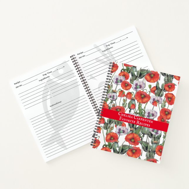 Rote und Lila Poppies Muster Personalisierte Rezep Notizbuch (Innenseite)