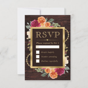 Rote und orange goldene Rahmenblumen Hochzeit RSVP Karte