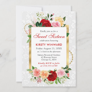 Rote und Orange Rosen Blumen Goldfolie Sweet 16 Einladung