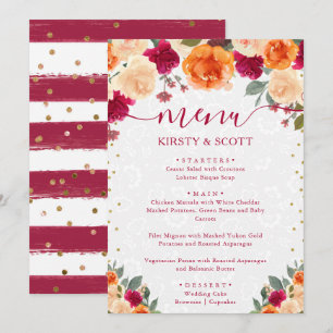 Rote und orangefarbene Herbstblumen Hochzeit Menükarte