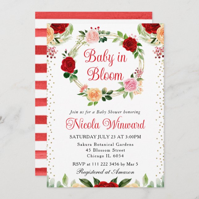 Rote und orangefarbene Rose Blume Kinderdusche Einladung (Vorne/Hinten)