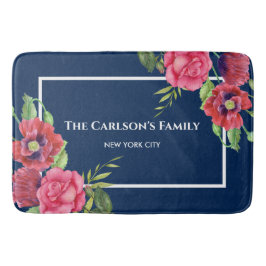 Rote und rosa Blume Dunkelblau Badematte