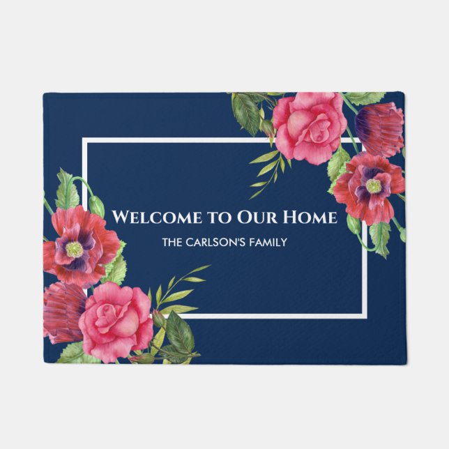 Rote und rosa Blume Dunkelblau Fußmatte (Vorderseite)