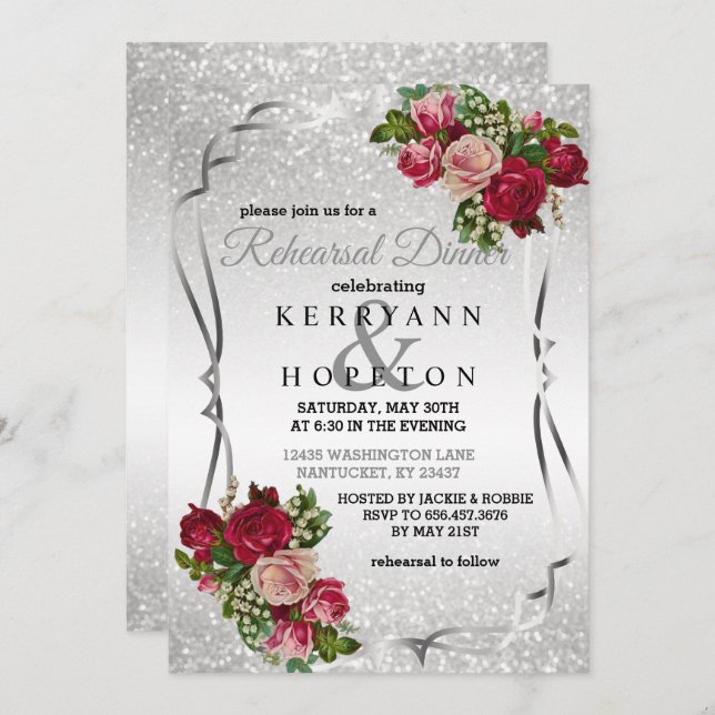 Rote und rosa Blume mit Silver Glitzer Einladung (Vorne/Hinten)