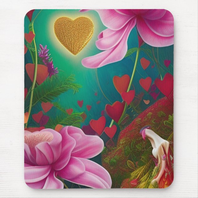 Rote und rosa Blume und Herzen Mousepad (Vorne)
