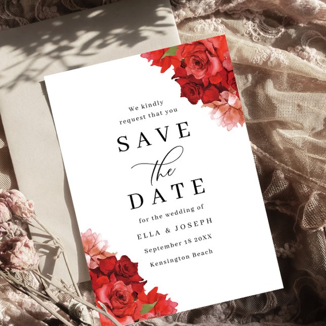 Rote und rosa Blumenhochzeit Save The Date (Von Creator hochgeladen)