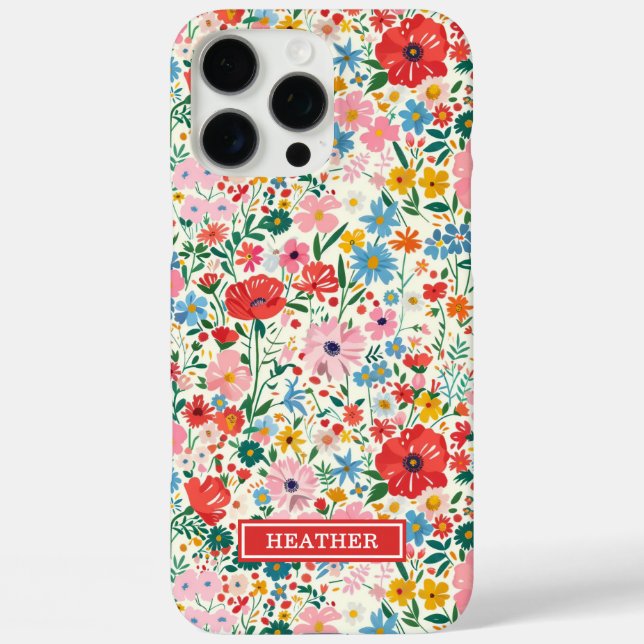 Rote und rosa Ditsy-Blumen monogrammiert Case-Mate iPhone Hülle (Rückseite)
