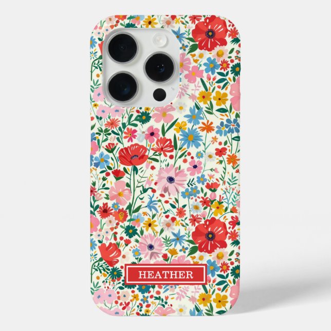 Rote und rosa Ditsy-Blumen monogrammiert Case-Mate iPhone Hülle (Rückseite)