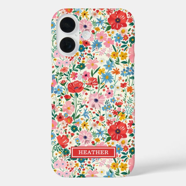 Rote und rosa Ditsy-Blumen monogrammiert Case-Mate iPhone Hülle (Rückseite)