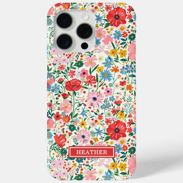 Rote und rosa Ditsy-Blumen monogrammiert Case-Mate iPhone Hülle (Rückseite)