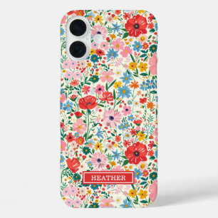 Rote und rosa Ditsy-Blumen monogrammiert iPhone 16 Plus Hülle