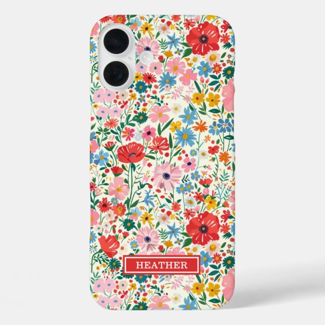 Rote und rosa Ditsy-Blumen monogrammiert Case-Mate iPhone Hülle (Rückseite)