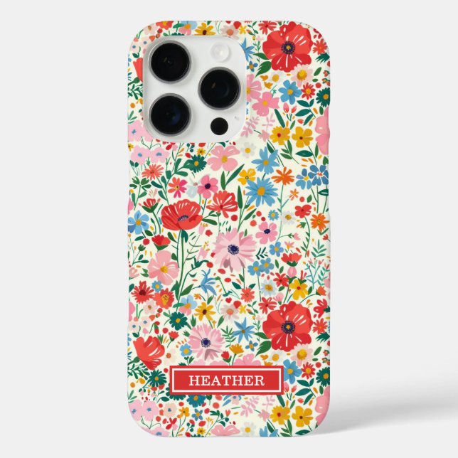 Rote und rosa Ditsy-Blumen monogrammiert Case-Mate iPhone Hülle (Rückseite)
