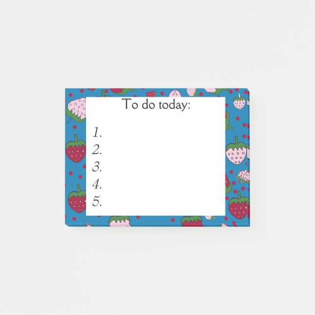 Rote und rosa Erdbeeren auf Blaue Post - Anmerkung Post-it Klebezettel (Vorderseite)