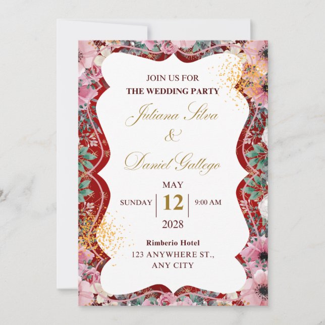 Rote und rosa florale Hochzeitseinladung Save The Date (Vorderseite)