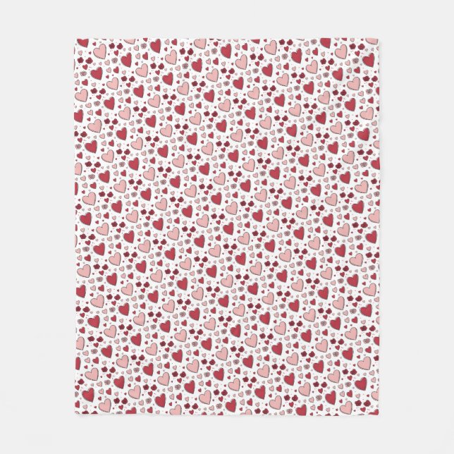 Rote und rosa Herzen und Rosen Doodle-Kunst Fleecedecke (Vorderseite)