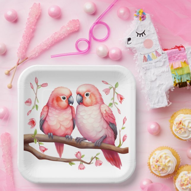 Rote und rosa Lovebirds Pappteller (Party)