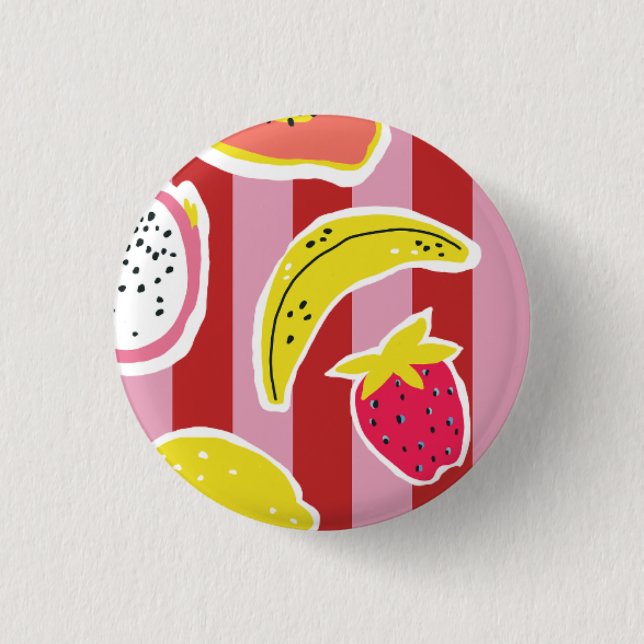 rote und rosa Streifen mit tropischen Früchten Button (Vorderseite)