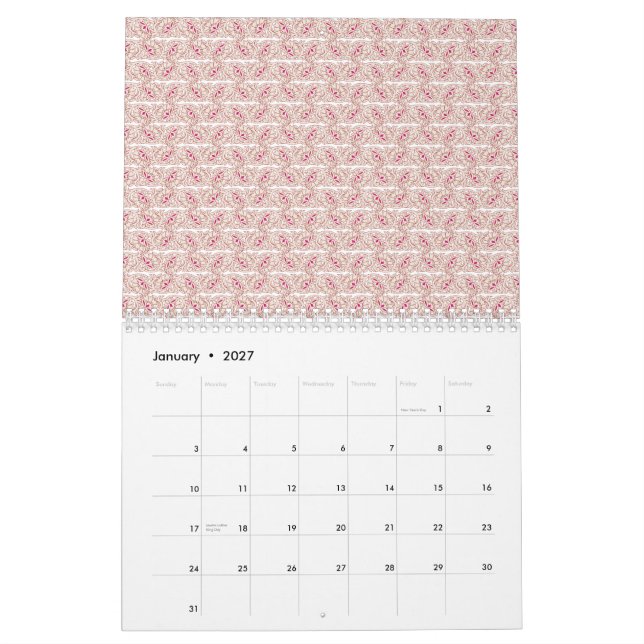 Rote und rosa Textilien auf einem gemusterten Tepp Kalender (Jan 2027)