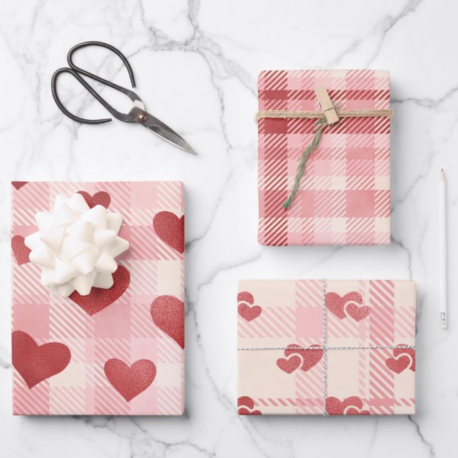 Rote und rosa Valentine Hearts Wrapping Paper Shee Geschenkpapier Set (Vorderseite)