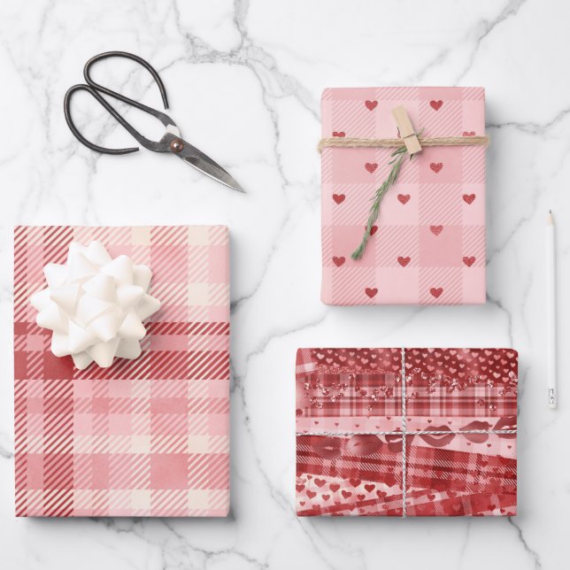 Rote und rosa Valentine Hearts Wrapping Paper Shee Geschenkpapier Set (Vorderseite)