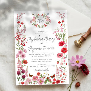 Rote und rosa Wildblumen Whimsical Wiesenhochzeit Einladung