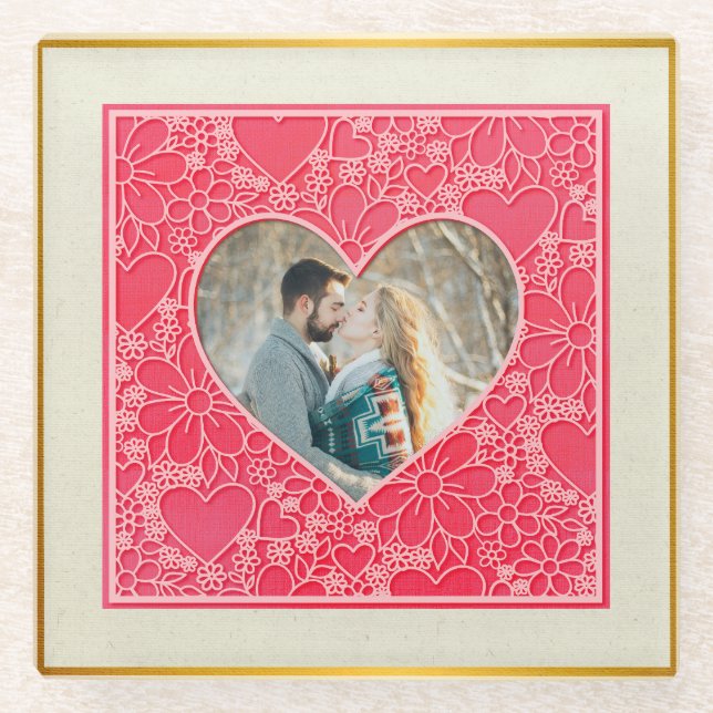 Rote und rosafarbene blumenreiche Herzen Valentins Glasuntersetzer (Vorderseite)