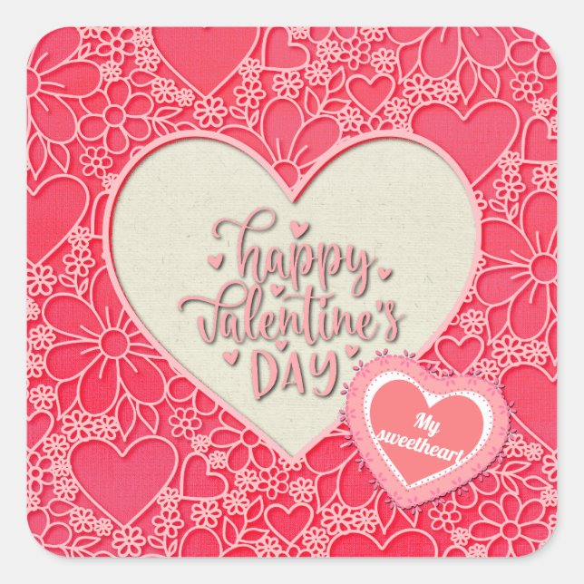 Rote und rosafarbene blumenreiche Herzen Valentins Quadratischer Aufkleber (Vorderseite)