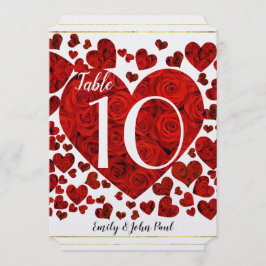 Rote und Rose Herz-Hochzeitskarte Tischnummer