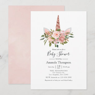 Röte und Roségold Florales Einhorn-Baby-Shower Einladung