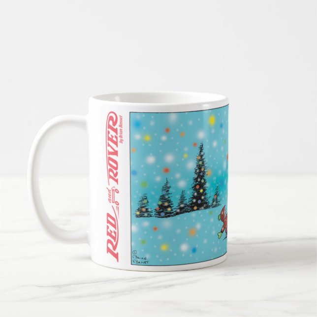 Rote und Rover-Urlaubbäume und bunte Schneeflocken Kaffeetasse (Links)