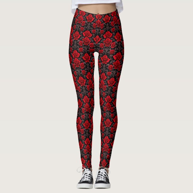 Rote und schwarz-gotische Rose Leggings (Vorderseite)