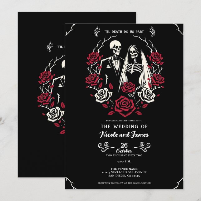 Rote und Schwarz-weiße Rose Skeleton Couple Weddin Einladung (Vorne/Hinten)