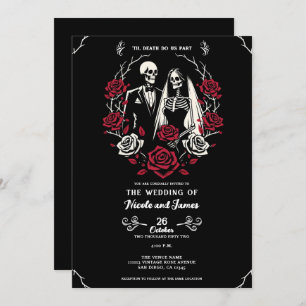 Rote und Schwarz-weiße Rose Skeleton Couple Weddin Einladung