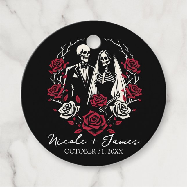 Rote und Schwarz-weiße Rose Skeleton Couple Weddin Geschenkanhänger (Vorderseite)
